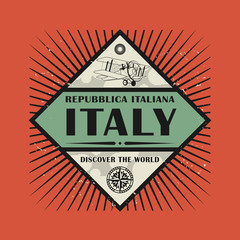 Stamp or vintage emblem with text Italy, Discover the World