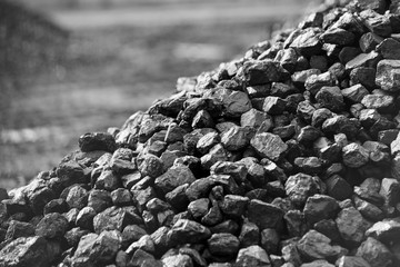 Heap of coal. A place, where coal is stored for selling.
 - obrazy, fototapety, plakaty