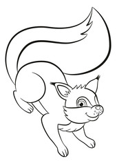 Coloring page. Little cute squirrel stands upside down and smiles.
