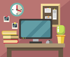 Workplace in flat style with elements monitor, watches, books, mouse, photos, blackboard, desk, houseplant. Office. Vector illustration