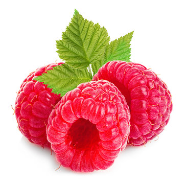 Ripe raspberries with leaves close-up isolated on a white background.