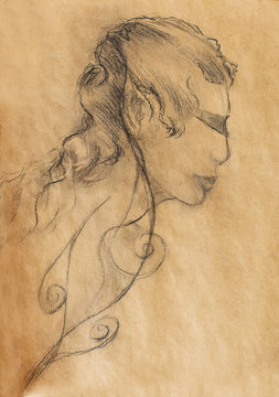 art drawing beautiful spiritual elf girl face and sepia background.