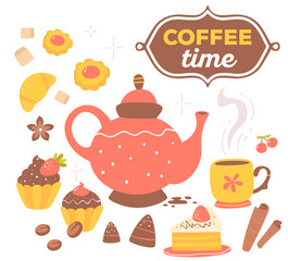 Vector illustration of colorful set of red and yellow coffee the