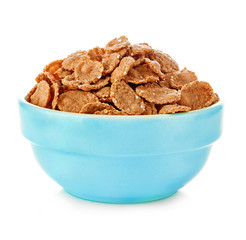 Wheat bran breakfast cereal in a bowl isolated on white background.