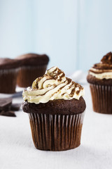 Chocolate cupcake decorated with cream