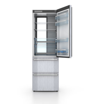 isolated opened empty refrigerator on white background. 3d illus