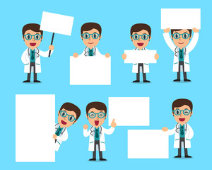 Set of male doctor with blank white banner