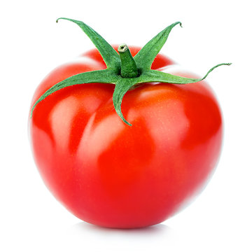 Ripe red tomato close-up isolated on a white background.