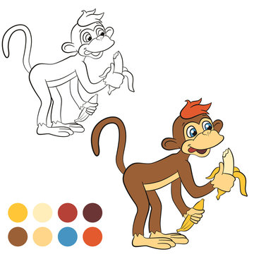 Coloring page. Color me: monkey. Little cute monkey stands and holds two bananas in the hands. Monkey smiles.