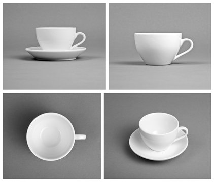Collection of empty white cups on gray background