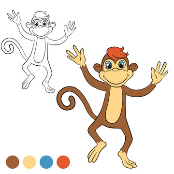 Coloring page. Color me: monkey. Little cute monkey runs and waves its hands. Monkey smiles.