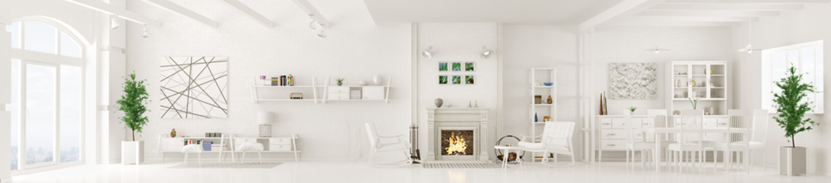 Interior of white living room panorama 3d rendering