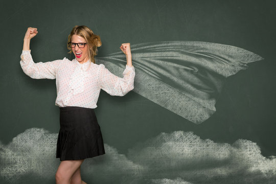 Super hero skinny weak nerdy girl learning education school classroom humor