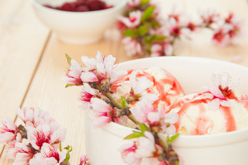 Vanilla ice cream with cherry on wooden background