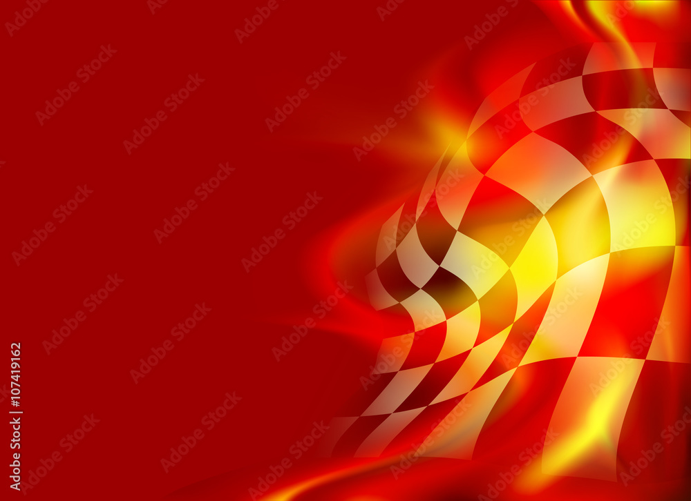 Wall mural checkered flag background and red flames