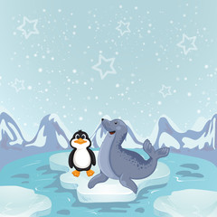 Polar animals on ice ocean .Seal and penguin 