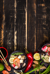 Table served with asian noodle soup background