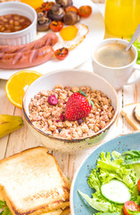 Granola with different types of breakfast or brunch