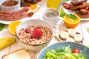 Granola with different types of breakfast or brunch