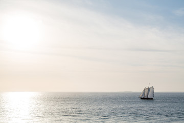 Three Masts Sailing Toward Sunset