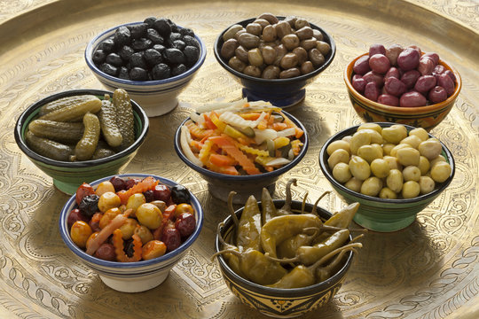 Moroccan variety of pickled olives and vegetables