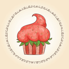 Vector watercolor cupcake look like strawberry. Ideal for posters, advertisements, announcements, labels, banner, menu for cafe and restaurants. Vector illustration