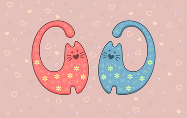 Vector illustration of two cats on background with hearts
