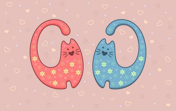 Vector illustration of two cats on background with hearts