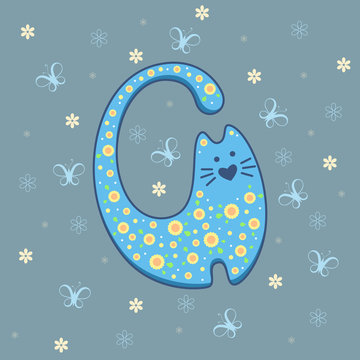Vector illustration of blue cat on background with butterflies and flowers