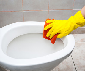 Female hands  cleaning toilet with rag
