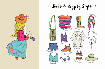 Bohemian fashion style set, boho and gypsy clothes illustration