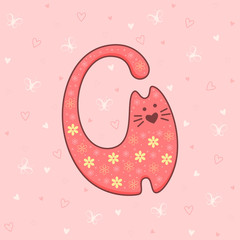 Vector illustration of red cat on background with hearts and butterflies