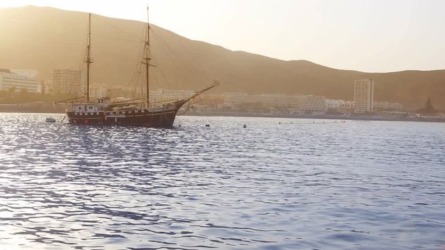 Los Cristianos beach in Arona Tenerife south vintage boat at Canary Islands of Spain
