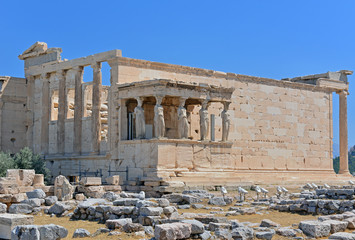 Fototapeta na wymiar The six Caryatids Porch of the Erechtheion at the Acropolis of Athens, Greece.