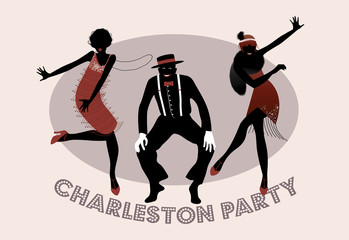 Naklejka premium Charleston Party silhouettes. Man and funny girls dancing charleston