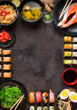 Sushi and japanese food on dark background