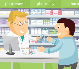Pharmacist chemist man in pharmacy. Man buys drugs at the pharmacy. Sale of vitamins and medications. Cartoon funny vector simple illustration.