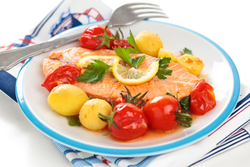 Fried salmon  with vegetables.