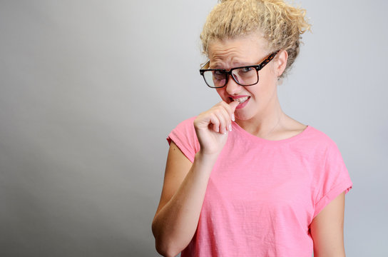 Worried Woman Looking Up Nervous And Scared