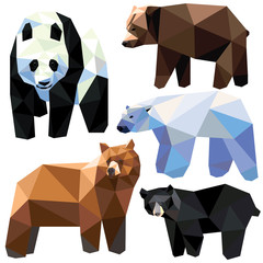 Obraz premium Niedźwiedź zestaw kolorowych niedźwiedzi low poly design na białym tle. Grizzly, Panda, Niedźwiedź polarny, Niedźwiedź brunatny, Niedźwiedź czarny.