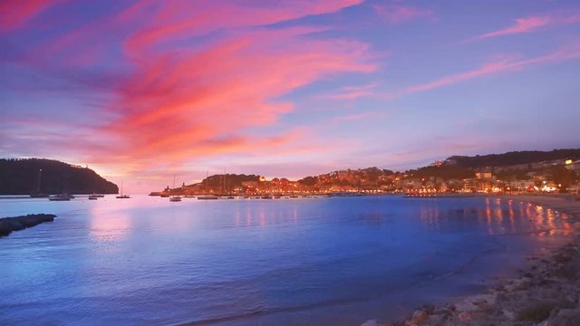 Port de Soller sunset in Majorca at Balearic island of Mallorca Spain
