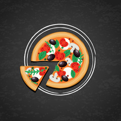 Sliced pizza and watercolor sketch of plate on grunge black chalkboard background. Vector design for italian restaurant menu, cafe, pizzeria. Fast food or cooking background. Top view.