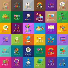 Children Icons Set-Isolated On Mosaic Background.Vector Illustration,Graphic Design.Kids Brain,Hand Click,Logo Guitar