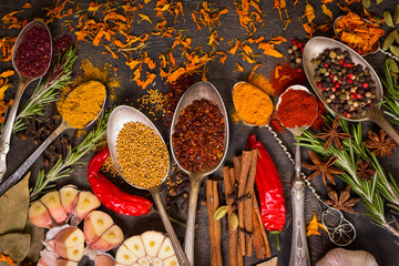 Set of various aromatic colorful spices - obrazy, fototapety, plakaty