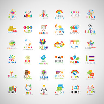 Children Icons Set-Isolated On Gray Background.Vector Illustration,Graphic Design.Kids Brain,Hand Click,Logo Guitar