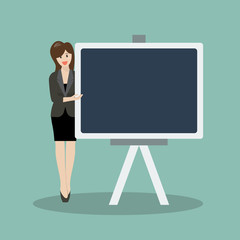 Business woman pointing to the blackboard