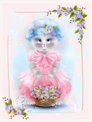 Portrait of the vintage cat  with basket full of violets. Birthd