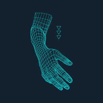Human Arm. Human Hand Model. Hand Scanning. View of Human Hand. 3D Geometric Design. 3d Covering Skin. Polygonal Design. Can be used for science, technology, medicine, hi-tech, sci-fi.