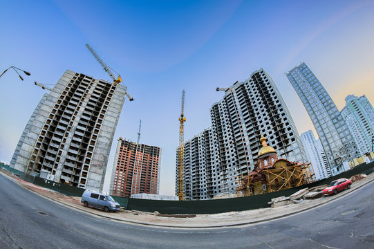 the construction of modern concrete prefabricated houses and christian church