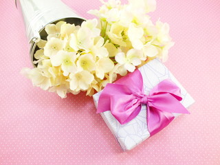 gift box and beautiful flowers bouquet with space for copy